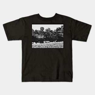 Black and White Shot of Bridge in Large Japanese Garden Kids T-Shirt